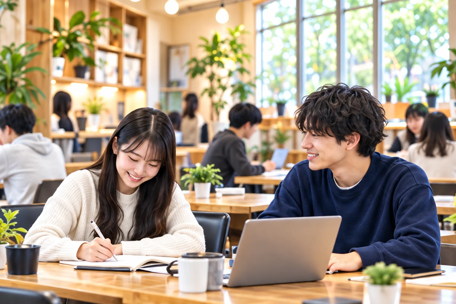 明るいカフェで一緒に勉強する学生たちのイメージ