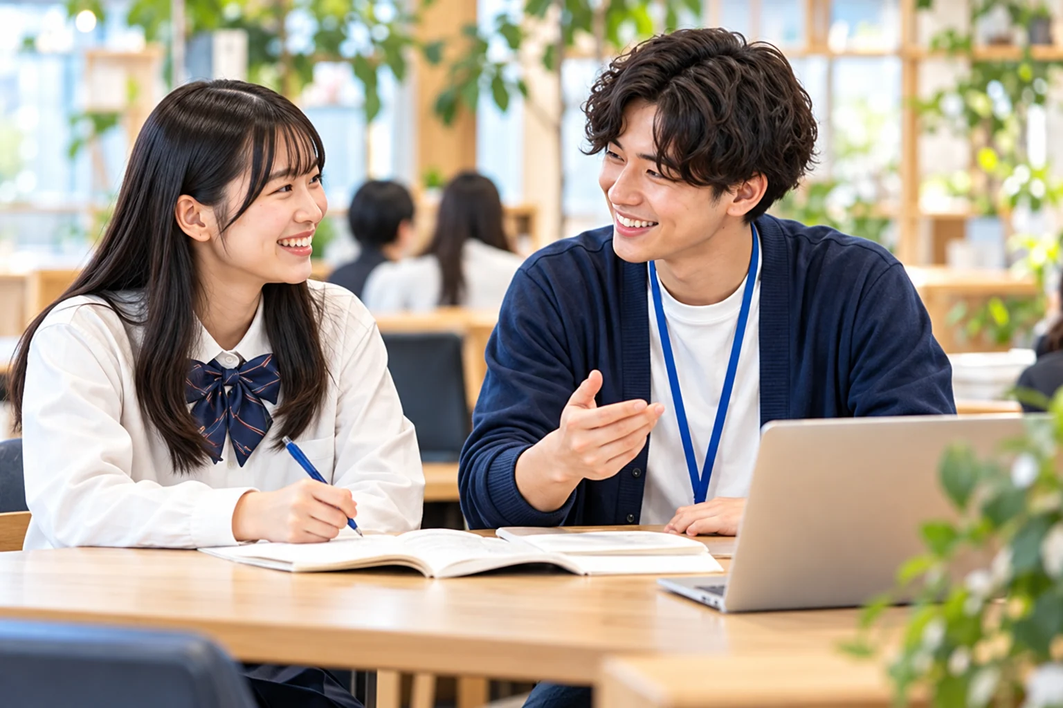学生が大学生スタッフと話すイメージ
